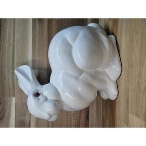 ​Vintage White Ceramic Rabbit Figurine Pink Glass Eyes Made in Korea 8" Tall